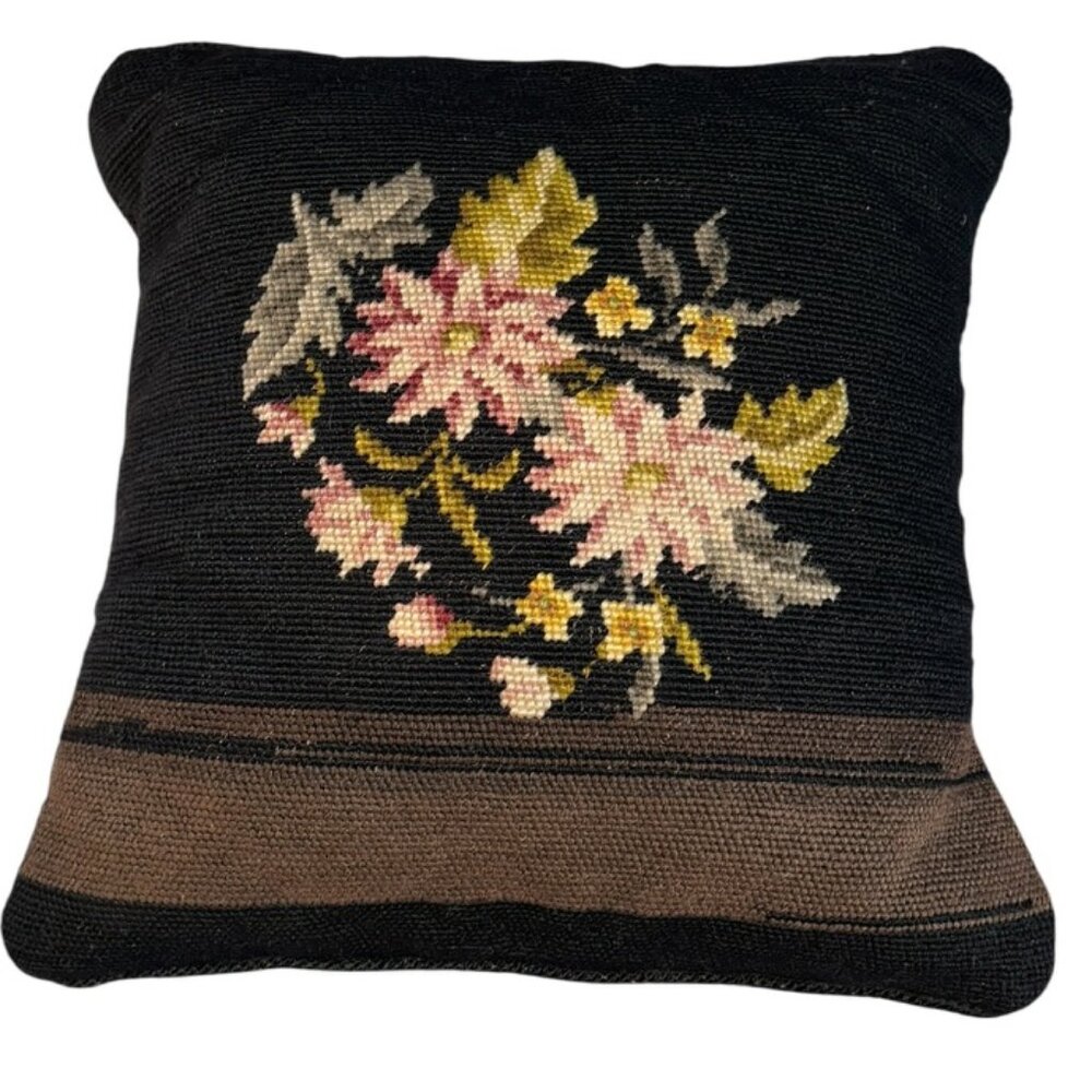 Antique NEEDLEPOINT rblack brown pink flowers accent pillow velvet back 14 sq